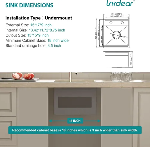 Miniatura 7 de Lordear Fregadero de cocina para interiores y exteriores de 15 x 17 con grifo plegable, Samll Bar Prep 16 calibre T304 de acero inoxidable