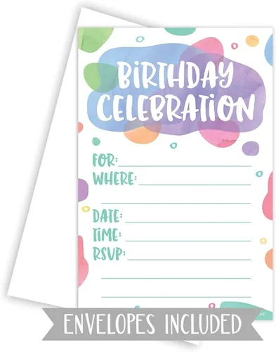 Miniatura 3 de Puntos de acuarela – Invitaciones de fiesta de cumpleaños – Estilo de relleno (20 unidades) con sobres