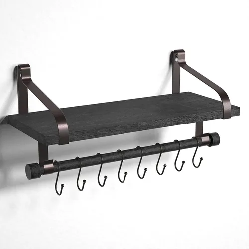 Miniatura 9 de Love-KANKEI Estantería flotante de pared de madera rústica para almacenamiento, estante de especias de cocina con barra para toallas y 8 ganchos