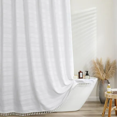 Miniatura 25 de OVZME Cortina de ducha bohemia negra, cortina de ducha estrecha de tela suave a rayas de lino texturizado con borla, moderna decoración de baño