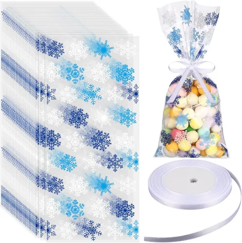 Boao 100 piezas de bolsas de celofán para golosinas de Navidad con copos de nieve, bolsas de dulces con cinta para fiestas de Navidad y vacaciones