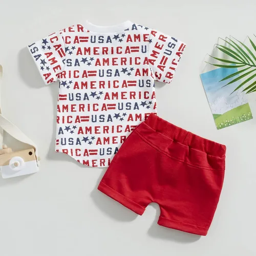 Miniatura 2 de Ynibbim Conjunto de ropa de verano para niños pequeños del 4 de julio, camiseta con estampado de letras y pantalones cortos de algodón
