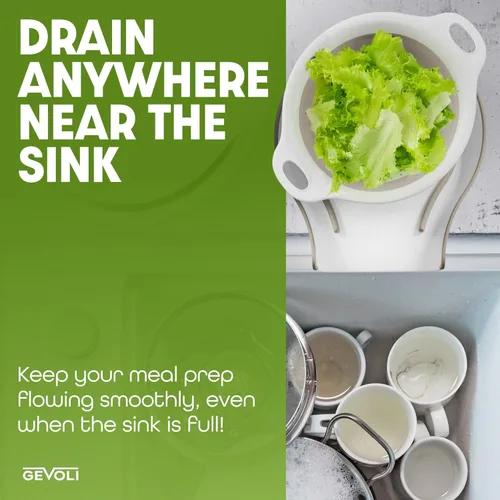 Miniatura 3 de Gevoli Colador plegable grande 2 en 1 con base autodrenante, colador de alimentos de drenaje lateral de plástico para borde del fregadero de cocina