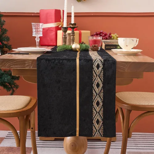 Camino de mesa, lujo de lentejuelas de terciopelo con tira de plumas doradas con purpurina, cocina de temporada, comedor, decoración del hogar para
