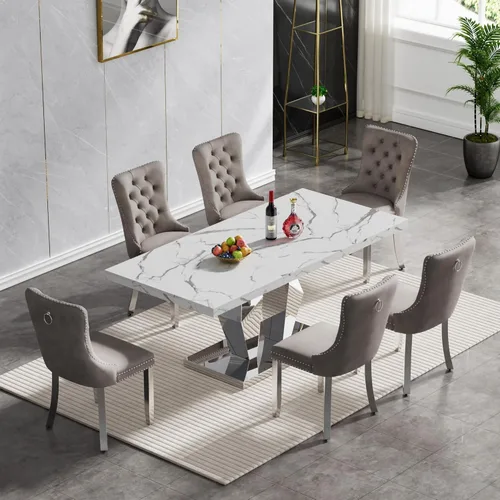 Miniatura 39 de Juego de mesa de comedor de mármol sintético, 7 piezas, juego de mesa de cocina y comedor para 6, mesa de comedor rectangular blanca de 70 pulgadas