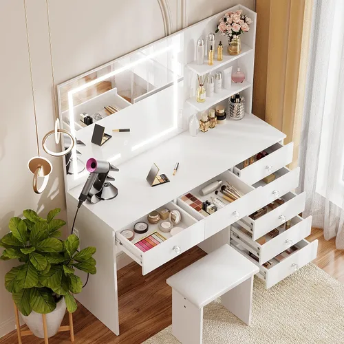 Miniatura 3 de VOWNER Tocador con espejo iluminado: escritorio de maquillaje de 47 pulgadas con 7 cajones, 3 estantes de almacenamiento y tomacorriente, 3 modos