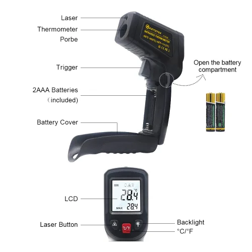 Miniatura 8 de KETOTEK Termómetro infrarrojo sin contacto IR pistola de temperatura láser digital -50℃～600℃ (-58℉～1112℉) Termómetro de emisividad ajustable