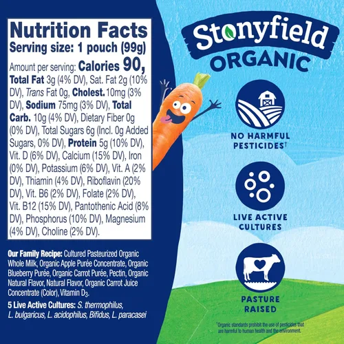 Miniatura 2 de Stonyfield Farm, bolsa de yogur arándano, manzana, zanahoria orgánica, 3.5 onzas