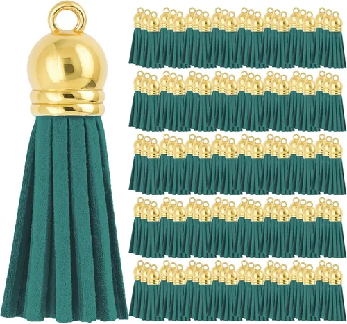 Miniatura 86 de Mandala Crafts 100 borlas de gamuza sintética color aguamarina con tapa dorada, suministros para hacer llaveros a granel, pequeñas borlas de cuero