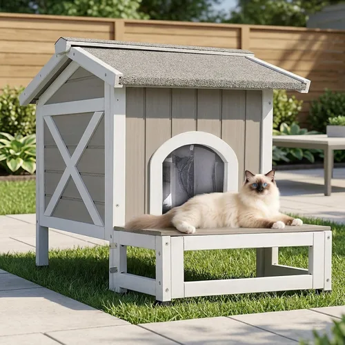 Miniatura 2 de PetsCosset Casa para gatos al aire libre resistente a la intemperie, refugio de gatos de dos pisos para exteriores, condominio interior para gatos