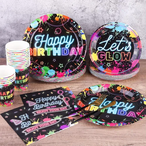 Miniatura 5 de Durony 100 piezas de suministros de fiesta de neón que brillan en la oscuridad, incluye platos de papel, vasos, servilletas, decoraciones de fiesta