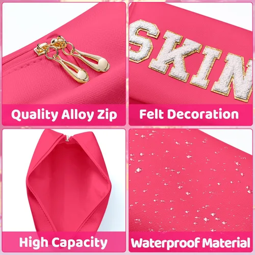 Miniatura 5 de Y1tvei Preppy Patch SKIN - Neceser de piel sintética con letras blancas, bolsa de maquillaje portátil para uso diario, bolsa de almacenamiento