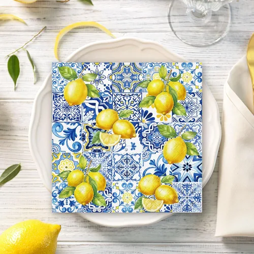 Miniatura 5 de JarThenaAMCS 80 servilletas de papel con azulejos y limones, servilletas desechables azules y amarillas, servilletas decorativas de cítricos