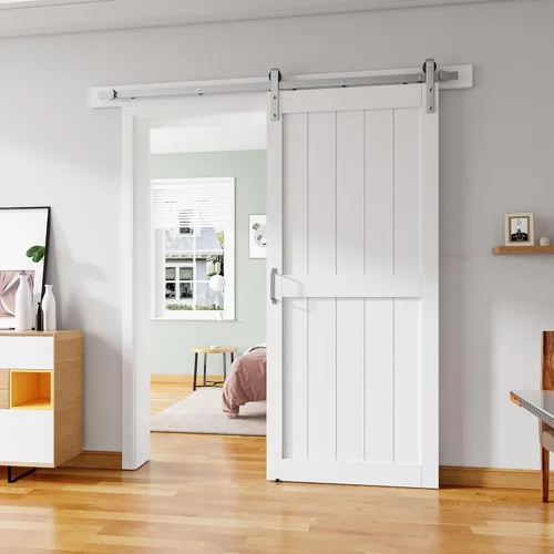Miniatura 18 de Puerta corredera de granero de 28 x 84 pulgadas con kit de herrajes para puerta de granero de 5 pies, mango y guías de suelo, agujeros Blanco