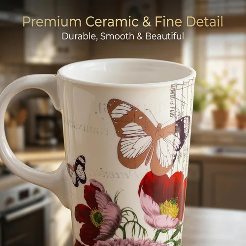 Miniatura 4 de Topadorn Taza de café de cerámica de 17 onzas con tapa y caja de regalo para viaje, Flor Roja y Mariposa Botanical Gardens