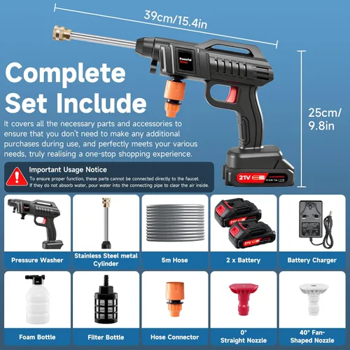 Miniatura 8 de Pistola de lavado a presión inalámbrica, lavadora de batería portátil de 1500 W, lavadora a presión eléctrica de 60 bar/870 PSI, lavadoras de alta