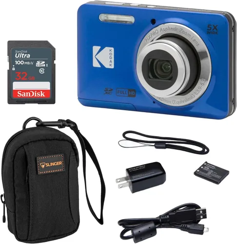 KODAK PIXPRO FZ55-BK - Cámara digital de 16 MP con zoom óptico 5X de 1.102 in, gran angular de 1080P, video Full HD de 2.7 pulgadas, cámara de Azul