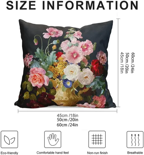 Miniatura 2 de Funda de cojín floral ligera de lujo, 18 x 18 pulgadas, pintura al óleo retro victoriana de doble cara, fondo negro, flor vibrante, funda de cojín