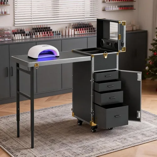 Icoget Mesa de manicura portátil con ruedas para enseñanza de uñas, escritorio plegable de viaje con almacenamiento, mesa de manicura móvil con