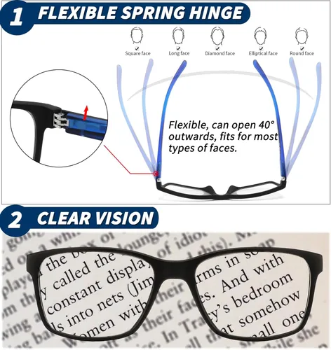 Miniatura 5 de Paquete de 3 gafas de lectura para hombres con pantalla de luz azul, con bisagra de resorte, anti fatiga ocular/sequedad/UV, lectores cuadrados
