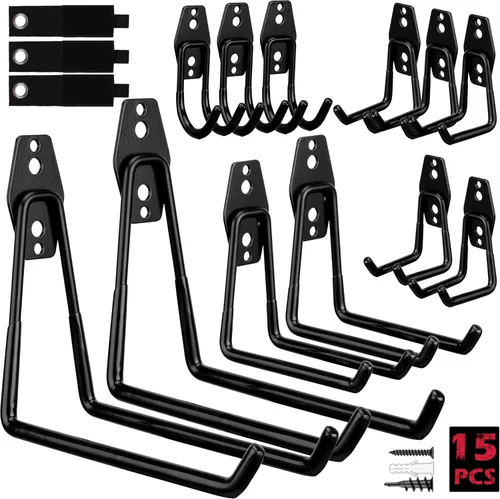 Conjunto de surtido de gancho de pared para almacenamiento de herramientas de garaje: 15 piezas de gancho grande resistente organizador de