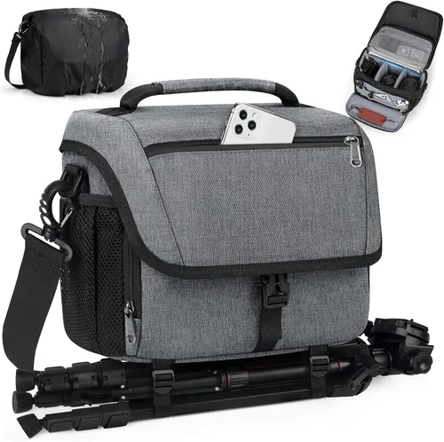 Miniatura 10 de RAINSMORE - Bolsa para cámara, estuche para cámara DSLR/SLR/sin espejo con soporte para trípode, bolsa de bandolera impermeable para fotógrafos