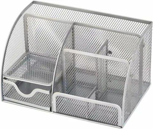 Soporte para bolígrafo y organizador de malla plateada con 7 compartimentos, organizador de escritorio con cajón, soporte de metal para bolígrafo,