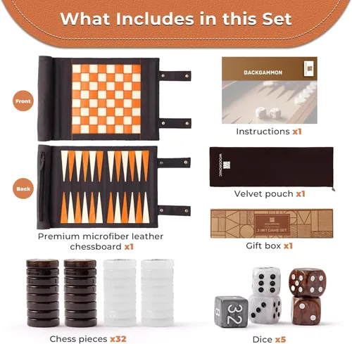 Miniatura 4 de Woodronic Juego de backgammon de ajedrez de viaje 3 en 1, juego de backgammon de cuero enrollable con 32 piezas texturizadas de perlas y 5 dados