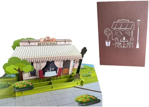 ETA Tarjeta de felicitación desplegable 3D – escena de café y restaurante con comedor al aire libre, arte de papel hecho a mano, cumpleaños,