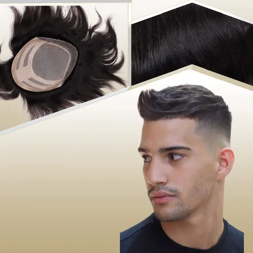 Miniatura 17 de Sistema de reemplazo de cabello humano para hombre, tupé para hombre, piel fina con parte superior de encaje mono y la parte trasera de poliuretano