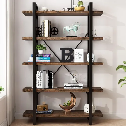 Miniatura 5 de Estantería de 3 niveles moderna rústica abierta, estantería de oficina de madera maciza, estanterías de madera y metal, unidad de estanterías