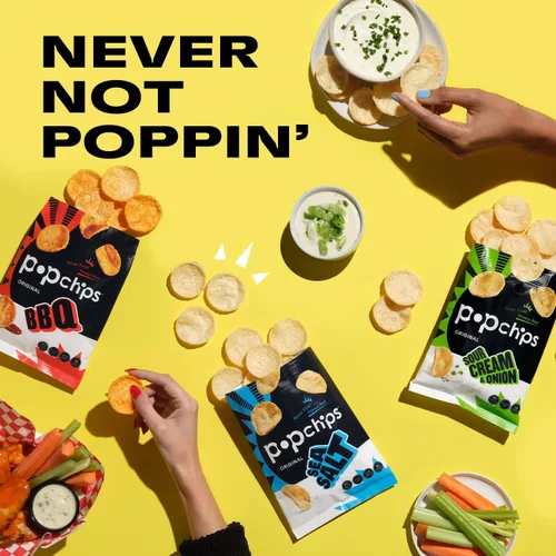 Miniatura 6 de Popchips Paquete variado – Papas fritas horneadas de 0.8 onzas, bolsa de aperitivos 10 de cada uno (BBQ, sal marina, crema agria y cebolla)