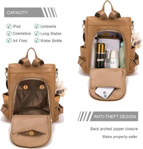 Miniatura 2 de Soperwillton Mochila de moda para mujer, bolso de hombro de cuero antirrobo, bolsa de viaje, múltiples bolsillos, cartera, juego de 3 piezas