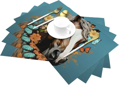 Miniatura 6 de 6 PCS PVC Placemats Set Place Mats A Horse with Flowers and Butterflies Non-Slip Weave Place Mats 12" x 18" Farmhouse Durable Table Mat Set for