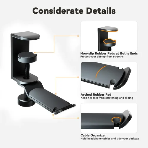 Miniatura 5 de Soporte de auriculares para debajo del escritorio, soporte de auriculares de aluminio giratorio de 360 grados para juegos de PC con organizador