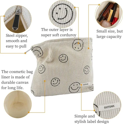 Miniatura 8 de Bolsa de maquillaje para mujeres, bolsa de cosméticos de pana con diseño estético, bolsa de mano para damas, estuche para lápices para niñas, lindo