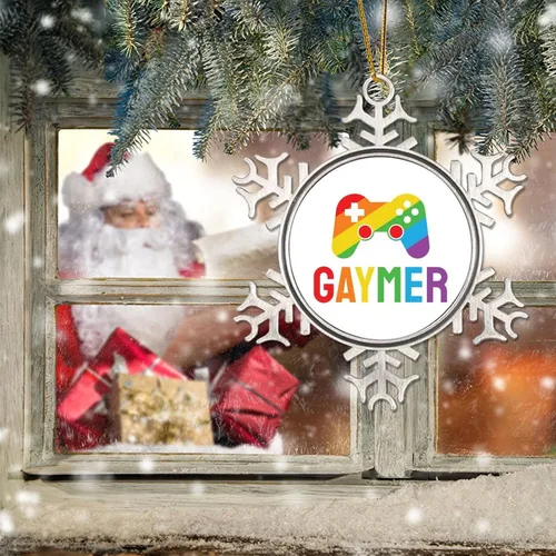 Miniatura 6 de Adorno de árbol de Navidad Gaymer Rainbow Gay Game Ornamentos Gay Decoraciones de Navidad Regalo Amor Igualdad Derechos LGBTQ Rainbow Metal Copo
