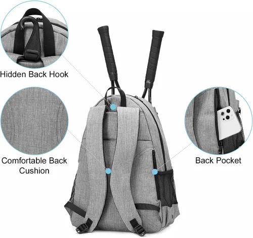 Miniatura 4 de Sucipi Bolsa de Tenis Profesional Mochila de Tenis para Hombres y Mujeres Bolsas de Raqueta con Capacidad para 2 Raquetas con Compartimento Gris