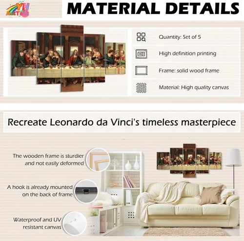 Miniatura 7 de YOUHONG 5 piezas de arte de pared de la última cena, decoración de pared cristiana de Jesús, carteles de Leonardo Da Vinci, decoración de comedor