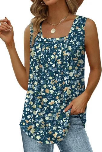 Miniatura 66 de Saloogoe - Camisetas sin mangas veraniegas para mujeres, plisadas con cuello cuadrado y dobladillo curvado, blusas de ajuste holgado con movimiento