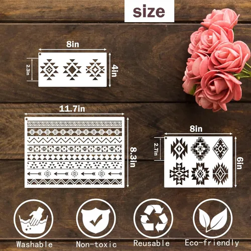 Miniatura 2 de yhslmh Plantillas geométricas tribales para pintar en muebles de madera, pared, lienzo reutilizable, plantilla azteca para manualidades, niños