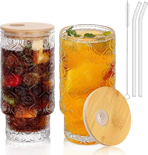 Vasos de vidrio vintage con tapas y pajitas de bambú de 16 onzas, vaso vintage en relieve floral tazas de vidrio para whisky, cerveza, tazas de café