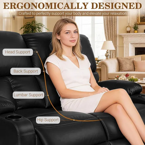 Miniatura 6 de CHABATREE Sofá reclinable con masaje y calor, asiento de cine en casa, sofá biplaza reclinable manual para caravana con soportes USB/tazas