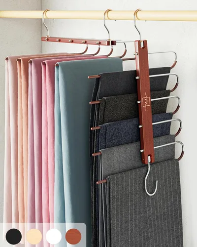 Miniatura 10 de MORALVE Perchas para pantalones que ahorran espacio – Perchas europeas de madera de haya para bufandas y jeans – Organizador de armario y estante