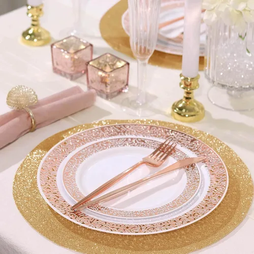 Miniatura 6 de Efavormart - Juego de 6 manteles individuales antideslizantes de piel sintética con purpurina, color champán para bodas, banquetes, fiestas, cocina
