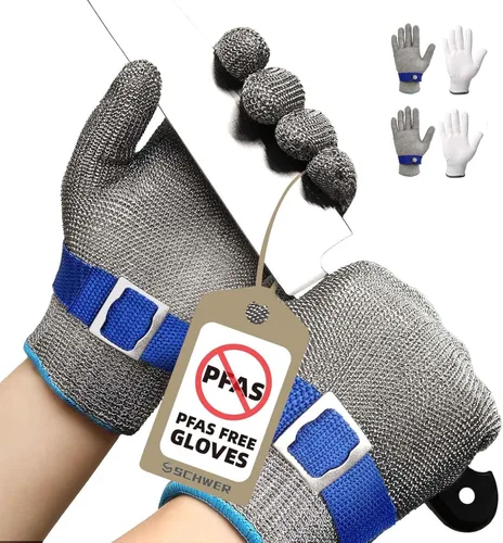 Miniatura 14 de Guante de corte resistente Schwer SlicePro ANSI A9 PR1706, guante de malla de acero inoxidable de grado alimenticio para cocina de cocina, corte