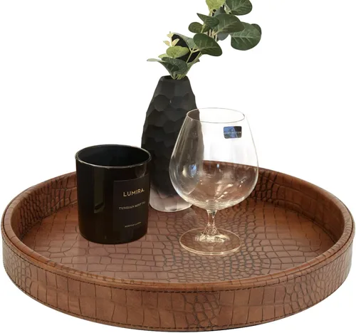 HofferRuffer Bandeja Redonda de Servir de Cuero Sintético, Bandeja Decorativa de Alimentos de Cuero Croco Vegano para Almacenar Bebidas, Aperitivos