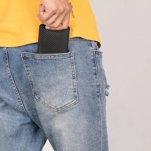 Miniatura 4 de Cartera delgada de cuero para hombre, billetera pequeña con bolsillo frontal con bloqueo RFID, ventana de identificación