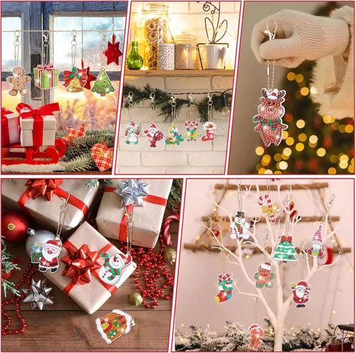 Miniatura 3 de Qinzave 26 piezas de llavero de pintura de diamante de Navidad 5D llavero de arte de diamante, adorno de Navidad con diamantes de imitación