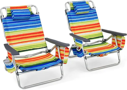 Miniatura 23 de Goplus Silla de playa, mochila plegable para adultos, sillas de playa con posiciones ajustables, almohada para la cabeza, bolsa refrigeradora